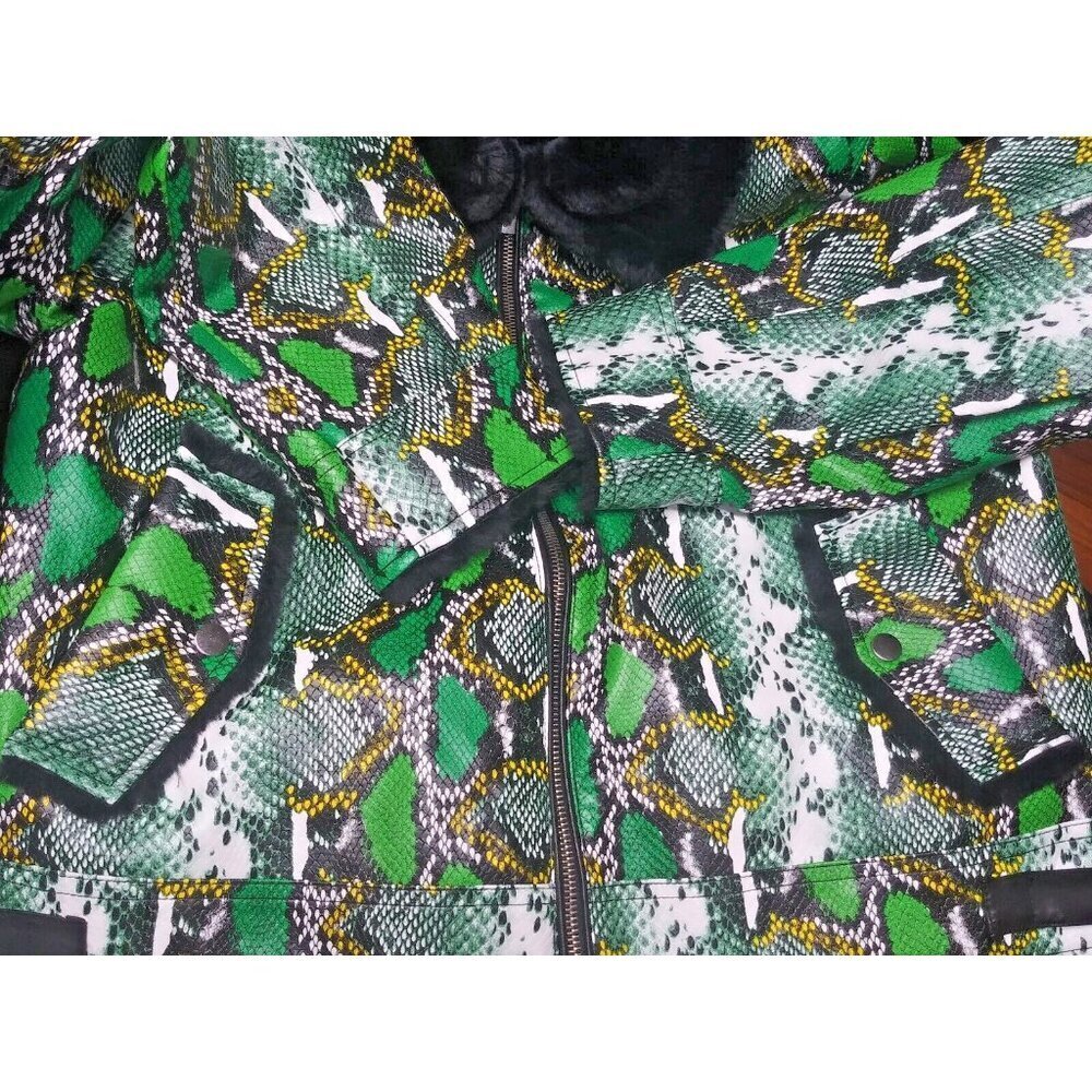 NEW MOD-X Bomber Jacket SNAKE REPTILE PRINT Womens XL Green black FAUX FUR LINED - Picture 8 of 15